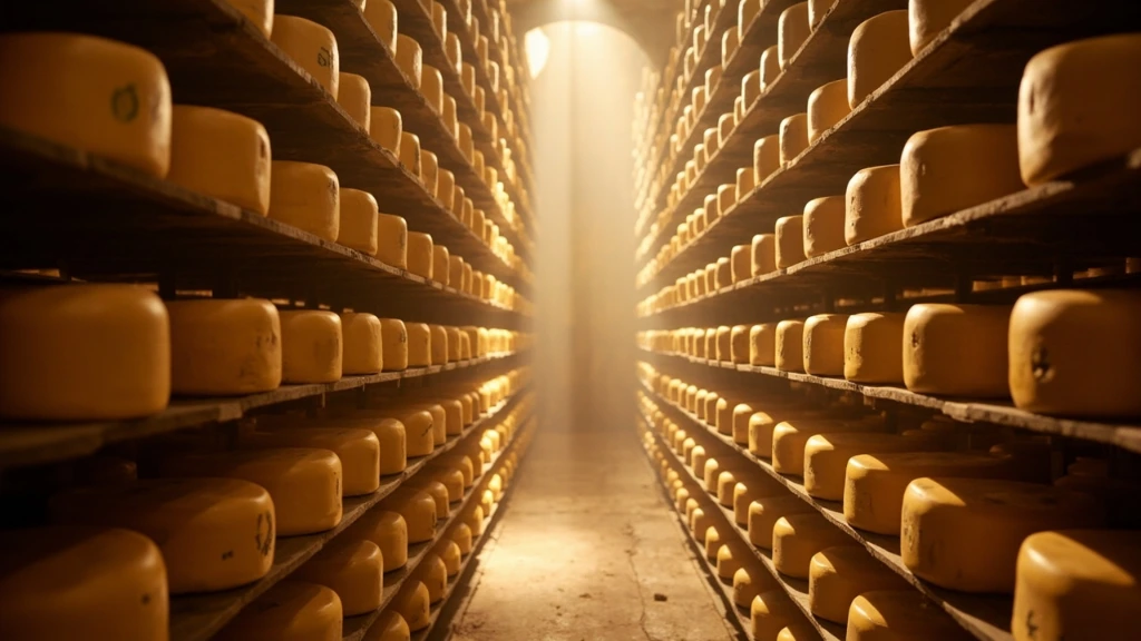 Cantina di affinamento Reggio Tricolore: scaffalature in legno con migliaia di forme in stagionatura