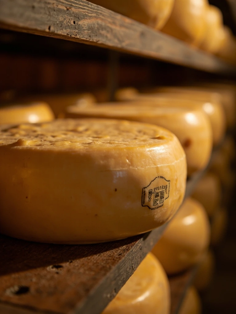 Forma intera di Parmigiano Reggiano DOP su scaffale di legno in cantina